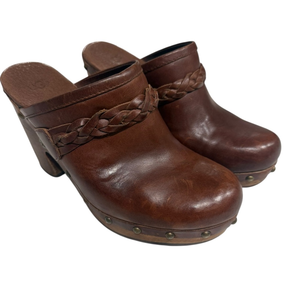 Ugg Women’s Kaylee Studded Braided Mule Clogs Shearling Brown Leather Size‎ 7